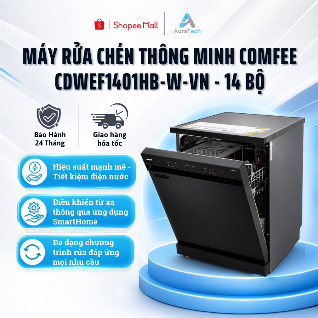 Máy rửa chén thông minh COMFEE CDWEF1401HB-W-VN - 14 bộ - Bảo hành 24 tháng
