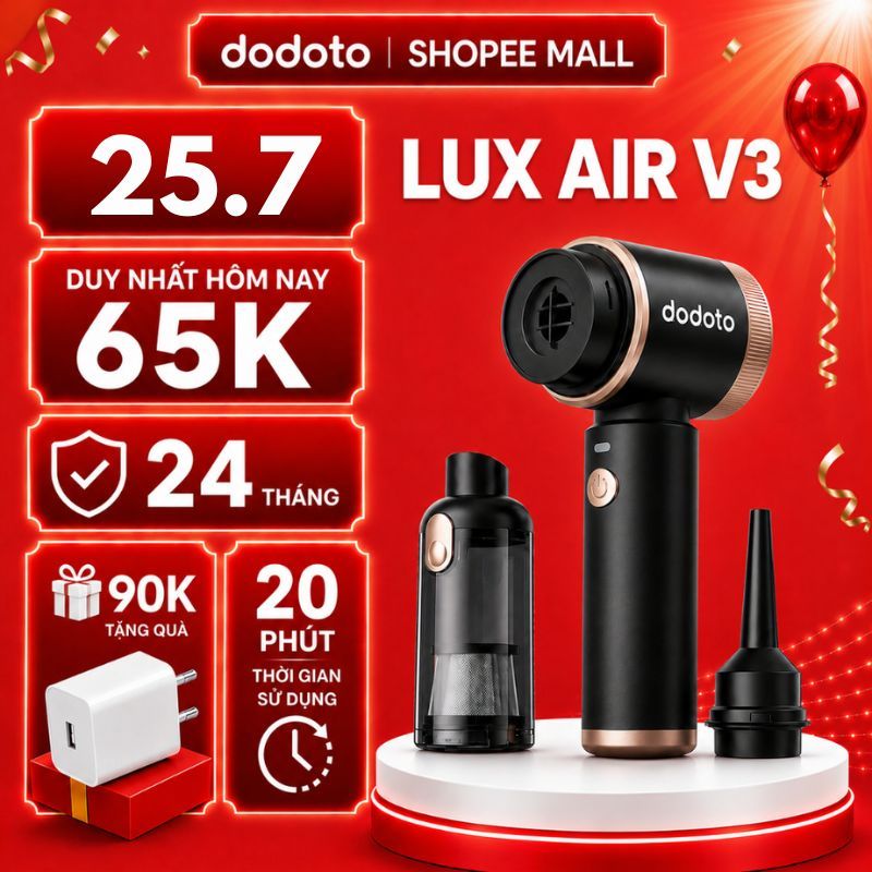 Máy hút bụi cầm tay dodoto Lux Air V3 mini không dây, hút bụi giường nệm, ô tô, Bảo hành 24 tháng