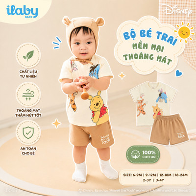 [ILABY BABY 6M-3Y] Bộ quần áo bé trai bé gái, set áo thun phối quần short in hình Pooh Disney siêu dễ thương [0055]