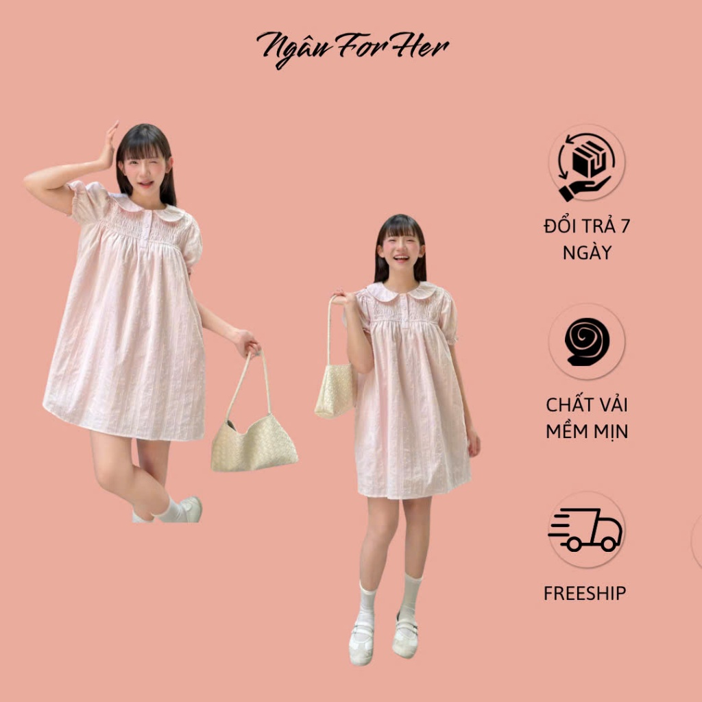PINKY DRESS- Đầm Babydoll Xô Ren Cổ Tròn Dịu Dàng – Style Hàn Quốc Ngâu for her