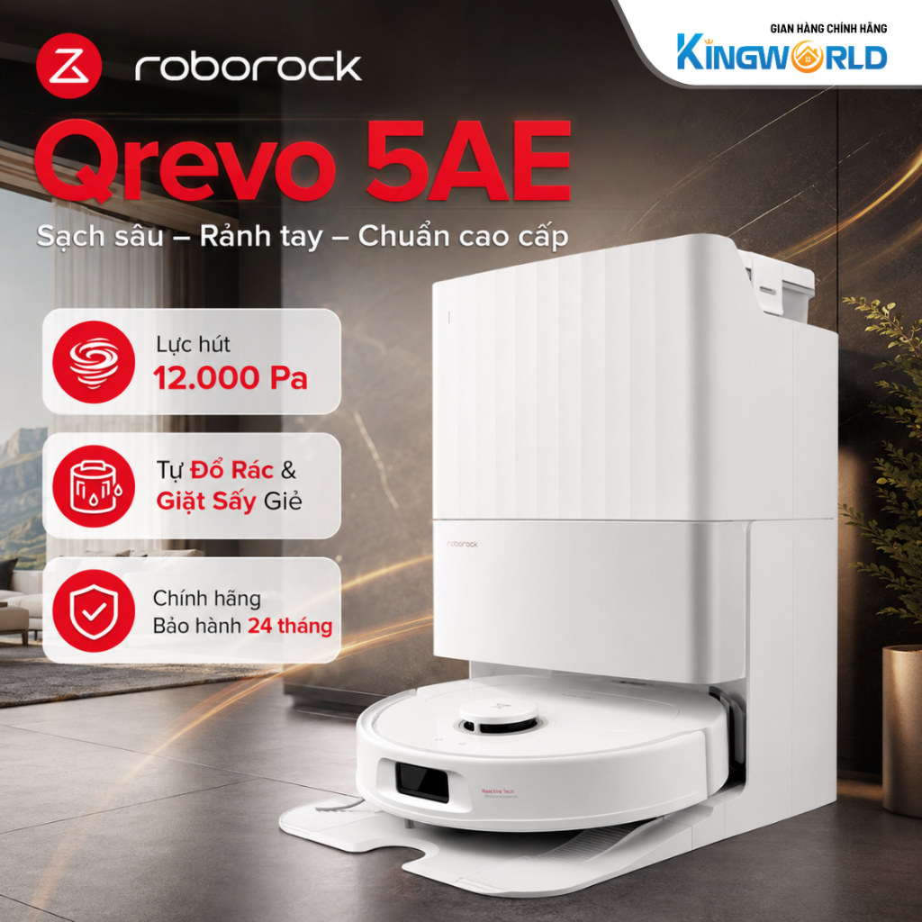 [TẶNG NƯỚC LAU SÀN 1L] Robot Hút Bụi Lau Nhà Roborock Qrevo 5AE | 12.000Pa, Tự Đổ Rác, Giặt Sấy Giẻ,