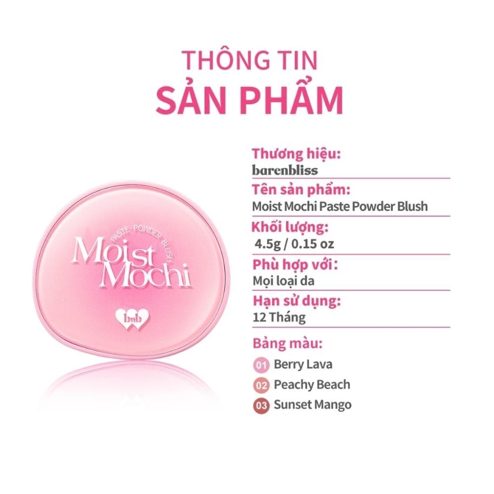 Ảnh 9 của Má hồng barenbliss Moist Mochi Paste Powder Blush dễ tán bền màu mịn màng tươi tắn kem lai phấn 4.5g