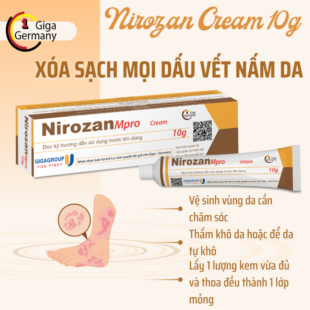 Nirozan cream bôi nấm ngoài da, lang ben tuýp 10g GIGA GERMANY