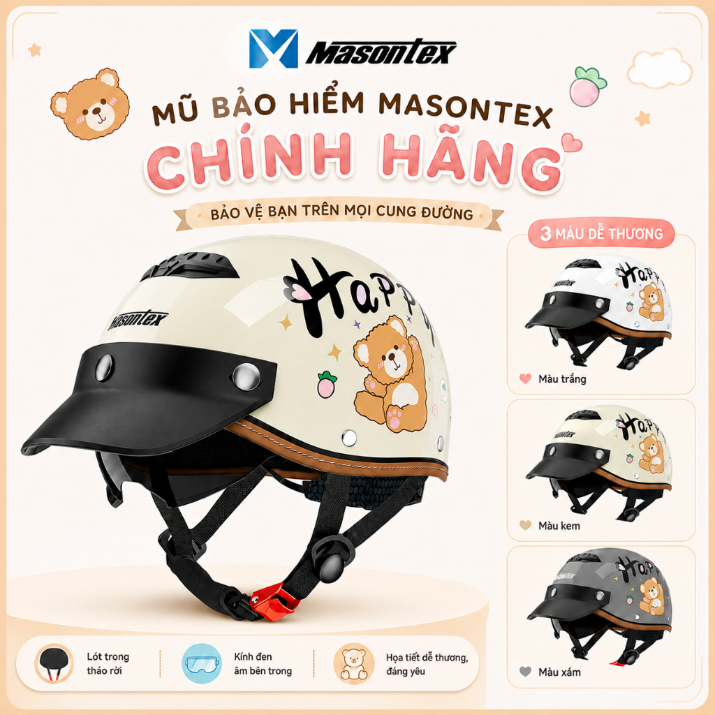 Mũ bảo hiểm chính hãng Masontex, họa tiết gấu dễ thương, mũ bảo hiểm cao cấp an toàn, mũ bảo hiểm xe