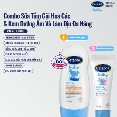 [Hannah x Cetaphil] Combo 2 bước Sữa tắm gội với Calendula hoa cúc hữu cơ 230ml + Kem dưỡng ẩm làm dịu đa năng 100g