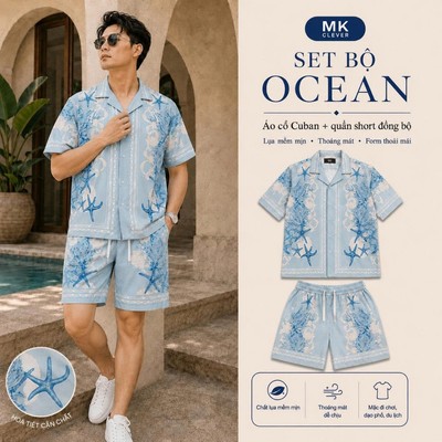 Bộ đồ Nam mùa hè Ocean MK CLEVER chất lụa mịn mát, áo thiết kế cổ Cuban thoáng mát, co giãn, trẻ trung