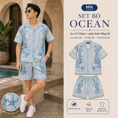 Set Bộ Nam Ocean MK CLEVER chất lụa mịn mát, áo thiết kế cổ Cuban thoáng mát, co giãn, form dáng thoải mái, trẻ trung