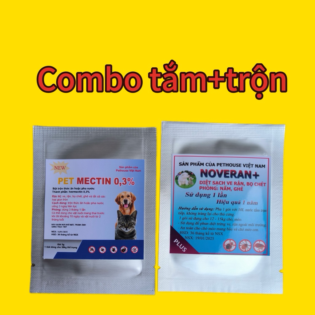 Combo 2 gói Tắm NOVERAN (12-15kg) và trộn Pet cho chó mèo (VE,RẬN,BỌ CHÉT)