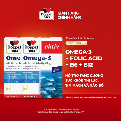 Combo 2 hộp viên dầu cá Doppelherz Omega 3+Folic acid+B6+B12 hỗ trợ tăng cường thị lực, tim mạch và não bộ (30viên/hộp))