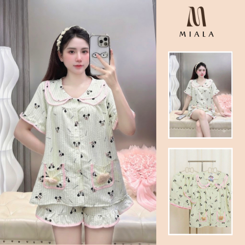 Bộ Ngủ Nữ MIALA Pijama Mickey Cổ Bèo Đũi Mềm Mát, Siêu Dễ Thương