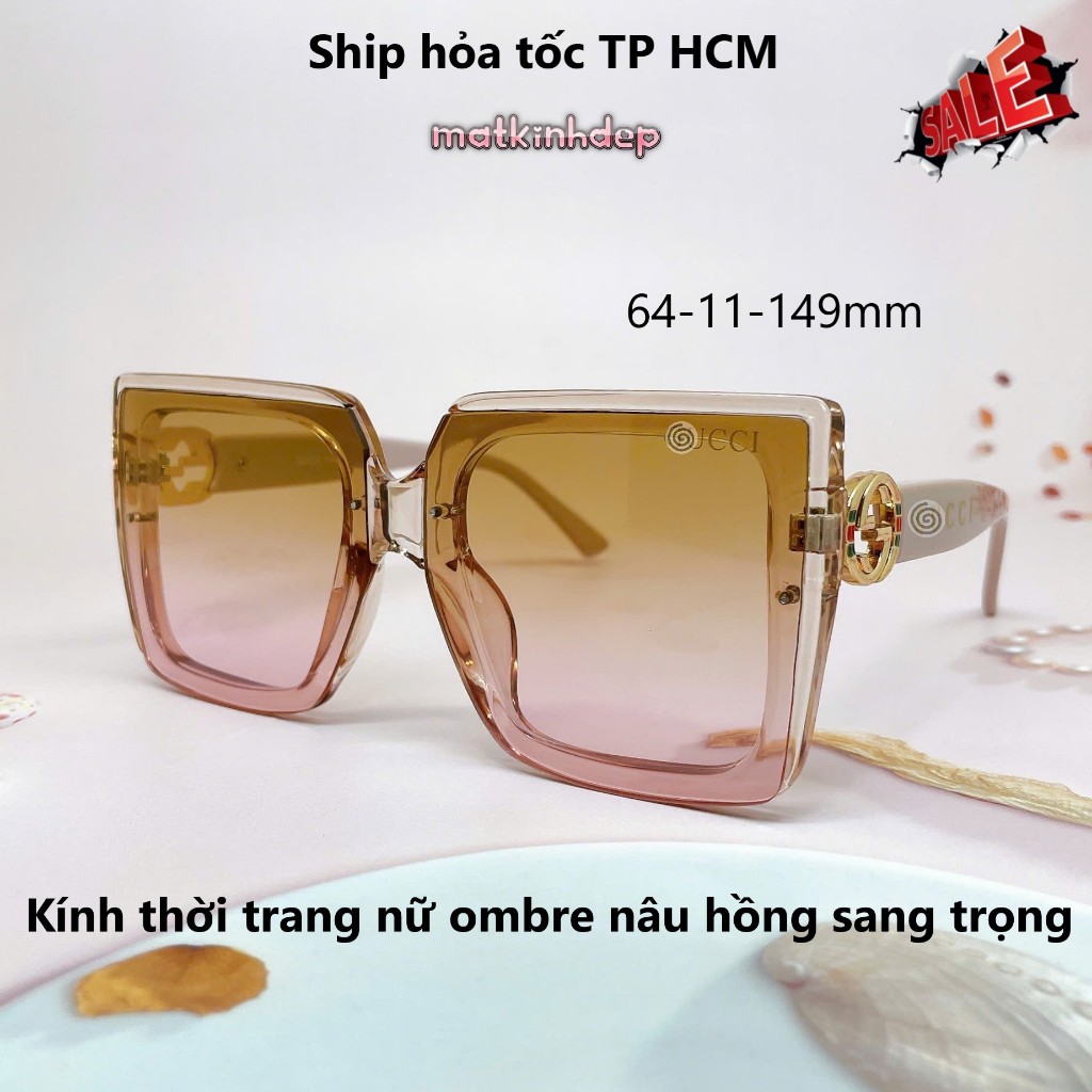 Kính râm nữ fom vuông cao cấp, kính nữ màu hồng ombre gọng chữ G mã 8932 (64-11-149mm)