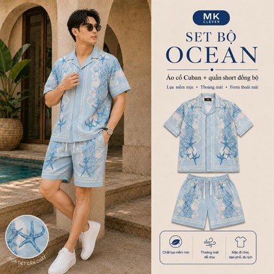 Đồ Bộ Nam Ocean MKCLEVER chất lụa mịn mát, áo thiết kế cổ Cuban thoáng mát, co giãn, form dáng thoải mái, trẻ trung