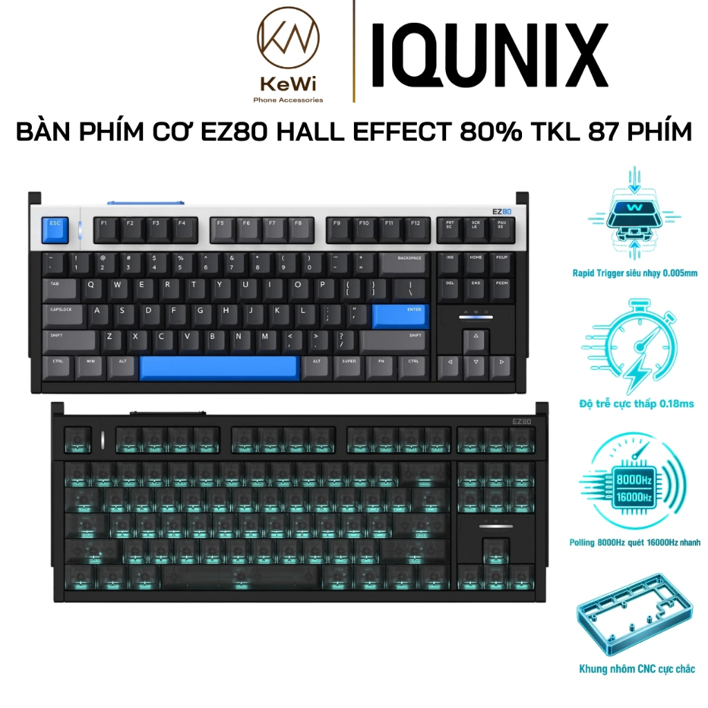 Bàn Phím Cơ IQUNIX EZ80 Hall Effect 80% TKL 87 Phím, Rapid Trigger 0.005mm, Polling Rate 8000Hz – Bl