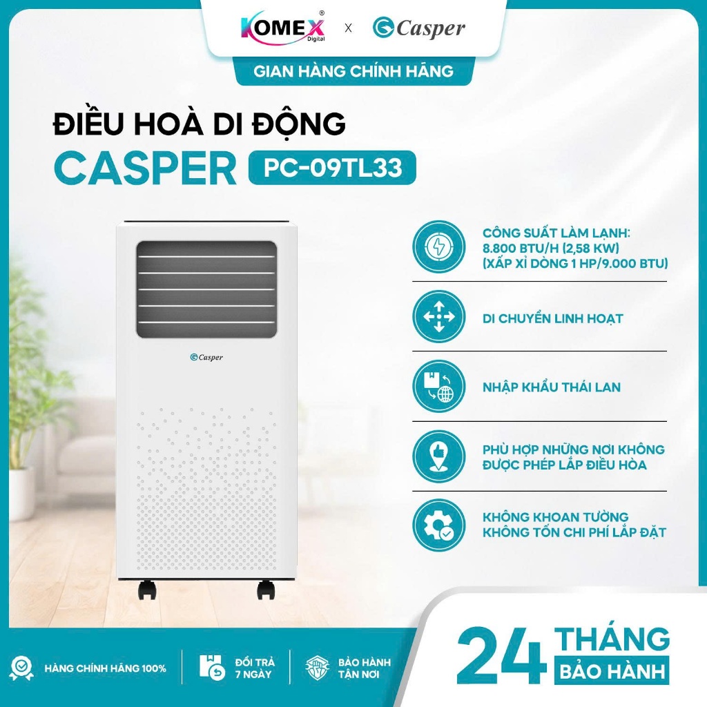 [THANH LÝ MẪU 2022 ] Điều hoà di động Casper PC-09TL33 1HP 8800BTU, Di chuyển linh hoạt, Chính hãng