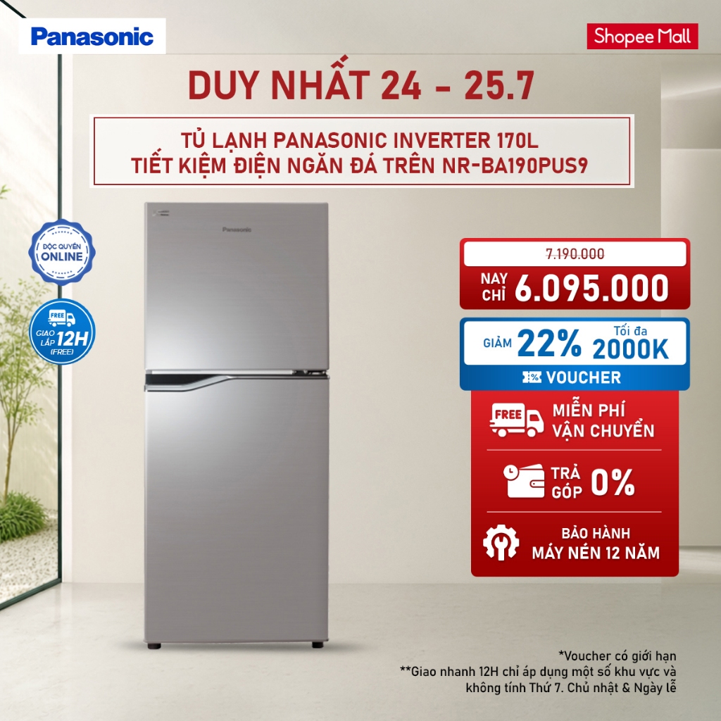 [Giao sau 05/08] [ELPN2TX GIẢM TỐI ĐA 2TR] Tủ lạnh Panasonic Inverter 170L NR-BA190PUS9 Tiết kiệm đi
