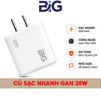 Củ Sạc Nhanh PD 20W Gan Chính Hãng BiG Chân Dẹt Type-C Chống Cháy nổ Sử Dụng Cho Các Dòng Điện Thoại