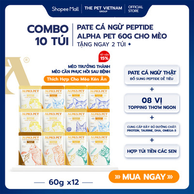 MUA 10 TẶNG 2 Gói Pate Cá Ngừ Cho Mèo Peptide Alpha Pet 60g - 8 Vị Topping Dinh Dưỡng Bổ Sung Omega 3, Canxi, DHA