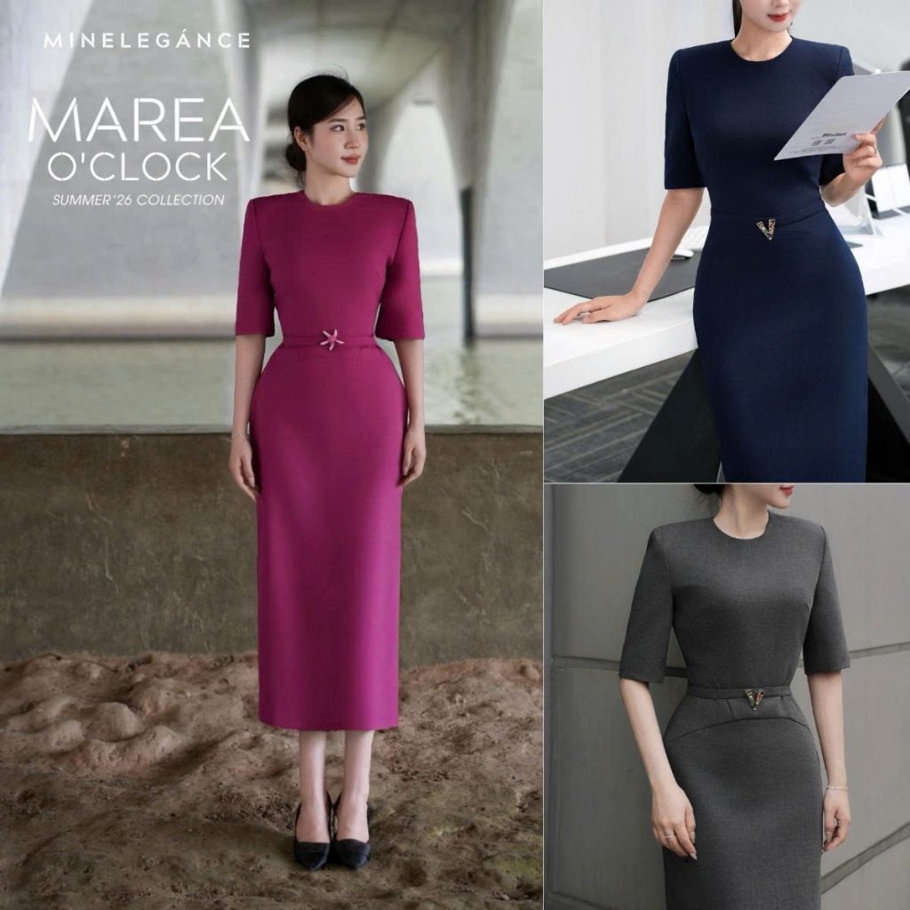 MINELEGÁNCE | VÁY CỔ TRÒN ĐAI ĐÁ DÁNG DÀI, SANG TRỌNG, THANH LỊCH - MIN808
