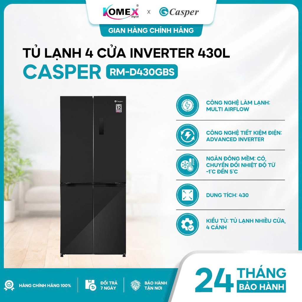 [CHỈ GIAO NỘI HCM] Tủ Lạnh 4 Cửa CASPER Inverter 430lít RM-D430GBS Bảo Hành 24 Tháng Chính Hãng