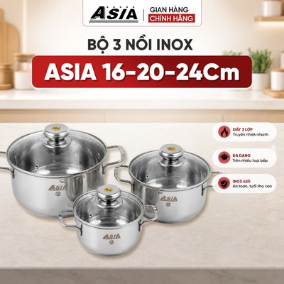 ASIA BỘ 3 NỒI INOX 3 ĐÁY CAO CẤP NẮP KÍNH (16-20-24CM) Dùng mọi loại bếp, giữ nhiệt