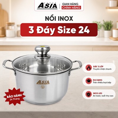 ASIA Nồi Inox 3 Đáy Cao Cấp Size 24 Độ Dày 0.6mm Chất Liệu Inox 430 Bền Bỉ Sử Dụng Bếp Từ