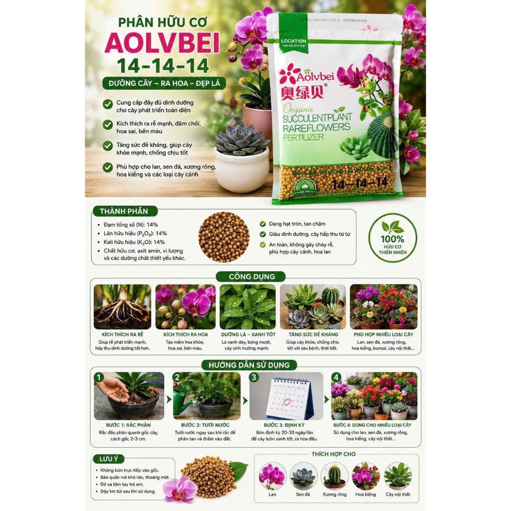 Phân Bón Hữu Cơ Aolvbei 14-14-14 Tan Chậm Cho Lan, Sen Đá, Cây Cảnh 500g,PHÂN TAN CHẬM VÀNG 14-14-14