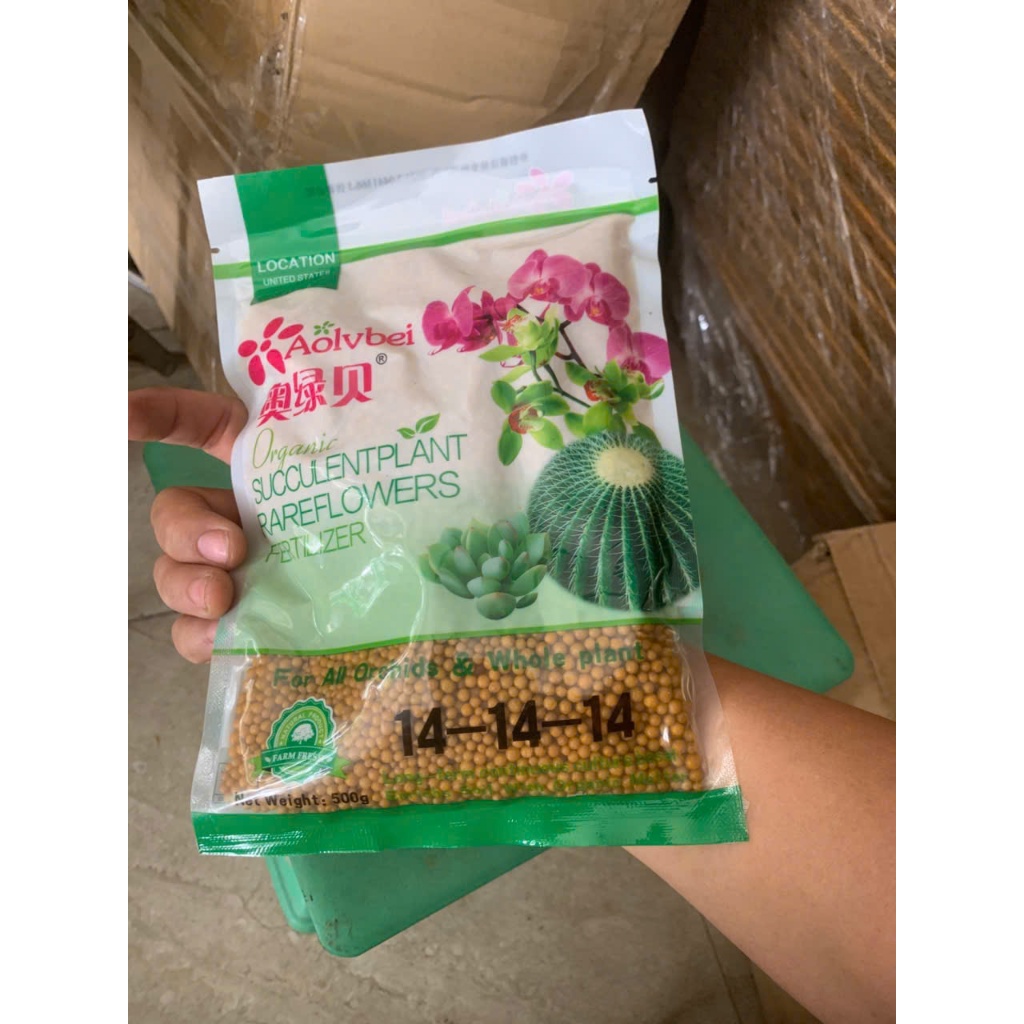 Phân Bón Hữu Cơ Aolvbei 14-14-14,PHÂN TAN CHẬM VÀNG 14-14-14 GÓI 500G DÙNG CHO SEN ĐÁ XƯƠNG RỒNG CÂY