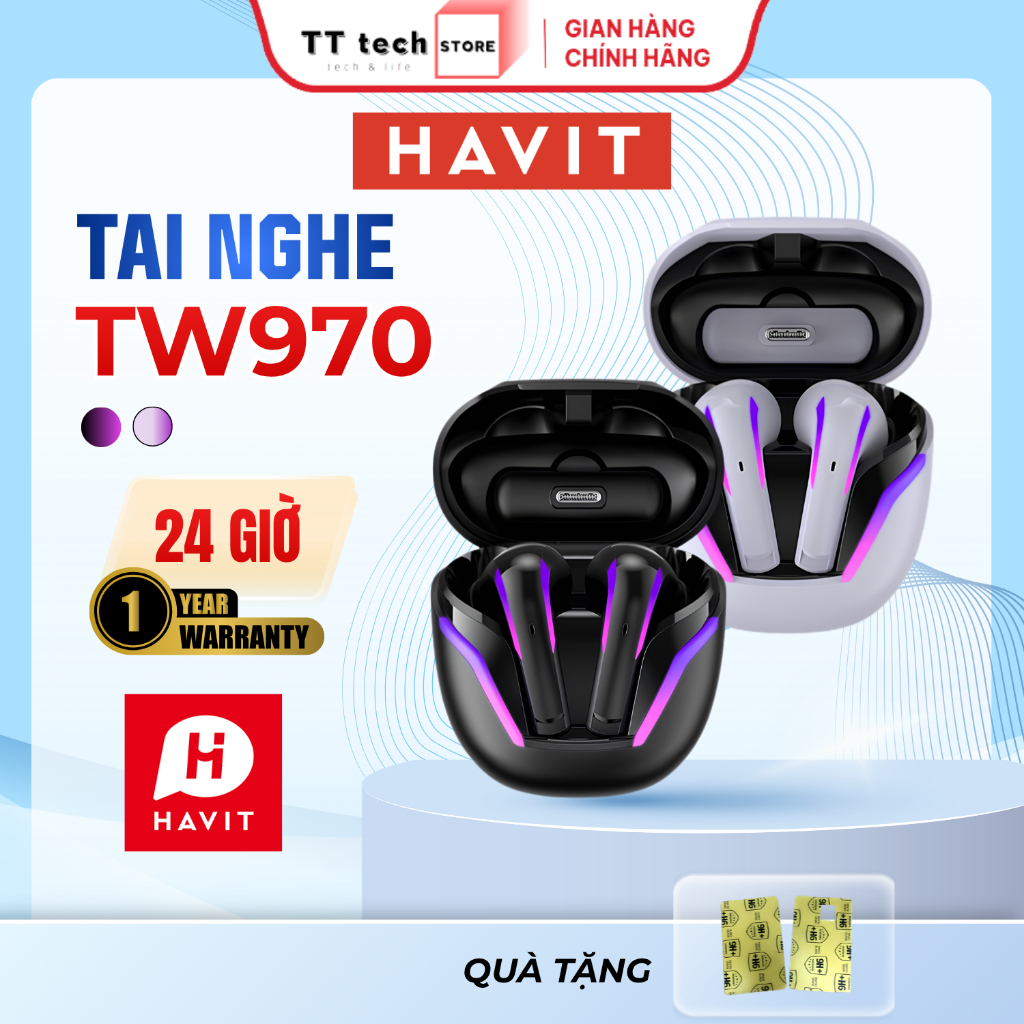 Tai Nghe Bluetooth TWS HAVIT TW970 Dongle Mode 18ms, 2 Mic Khử Ồn ENC, Đèn RGB, Pin Đến 24H - BH12T