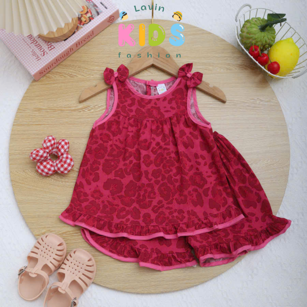 Bộ tole lanh sát nách 2 nơ cho bé gái mặc nhà Lavin Kids size 7-15kg