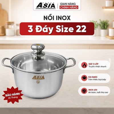 ASIA Nồi Inox 3 Đáy Cao Cấp Size 22 Độ Dày 0.6mm Chất Liệu Inox 430 Bền Bỉ Sử Dụng Bếp Từ