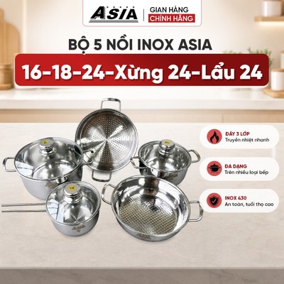 Bộ 5 nồi Inox 3 đấy cao cấp ASIA quành 16, nồi 18, 24 xừng 24, cháo lẩu 24