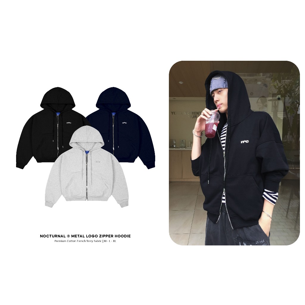 Áo Khoác Form Boxy NOCTURNAL Metal Logo Zipper Hoodie Zip YKK Nỉ Chân Cua 450gsm Nam Nữ Unisex Local