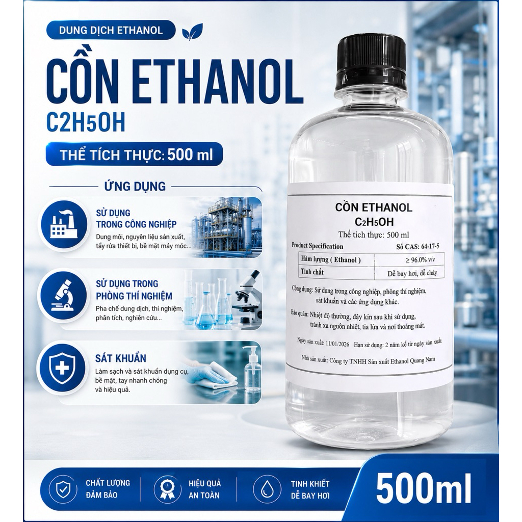Cồn Ethanol 70, 75, 90, 95, 96, 99,5 độ 500ml