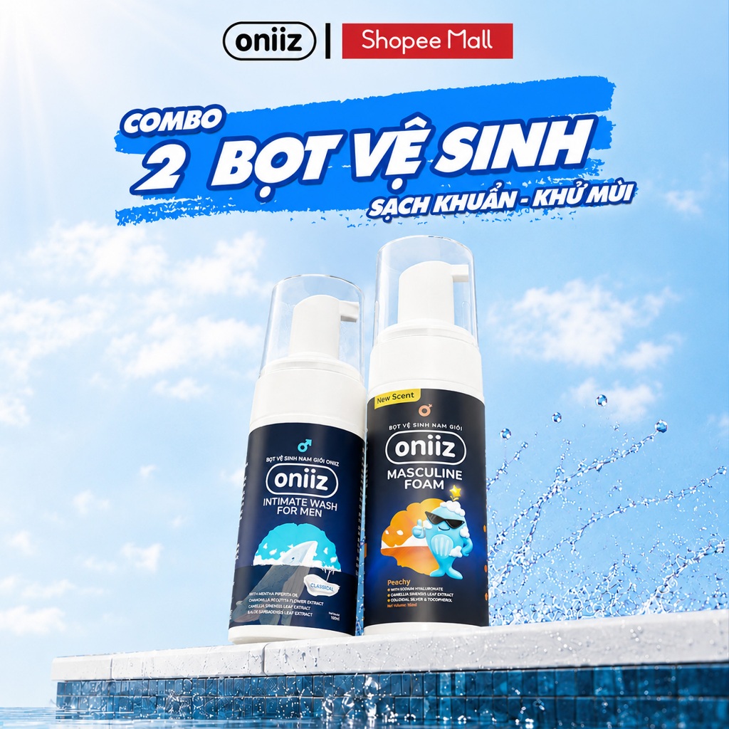 Combo 2 Bọt vệ sinh nam giới Oniiz, Dung dịch Oniiz Plus hương nước hoa, cocktail 100ml và 145ml