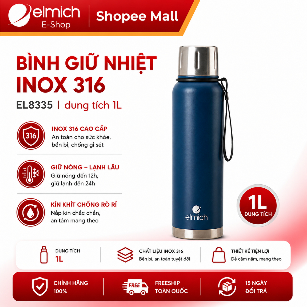 Bình Giữ Nhiệt 1 Lít Elmich EL-8335 | Bình Nước Giữ Nhiệt INOX 316, Có Quai Xách, Elmich Chính Hãng