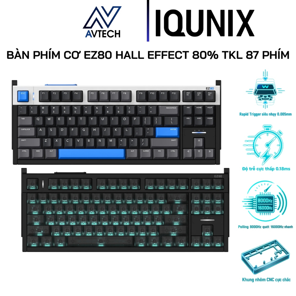 Bàn Phím Cơ IQUNIX EZ80 Hall Effect 80% TKL 87 Phím, Rapid Trigger 0.005mm, Polling Rate 8000Hz – Bl