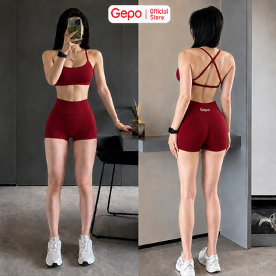 GEPO Bộ Đồ Tập Gym Nữ Áo Bra Dây Chéo Quần Short Cạp Cao Co Giãn 4 Chiều Nâng Mông Tôn Dáng GP320