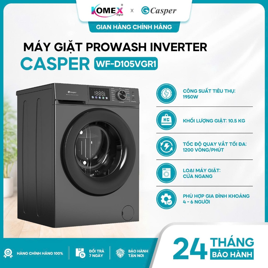 Máy Giặt Casper Inverter ProWash WF-D105VGR1 (10,5kg), WF-D125VGR1 (12,5kg) Tiết Kiệm Điện Bảo Hành 