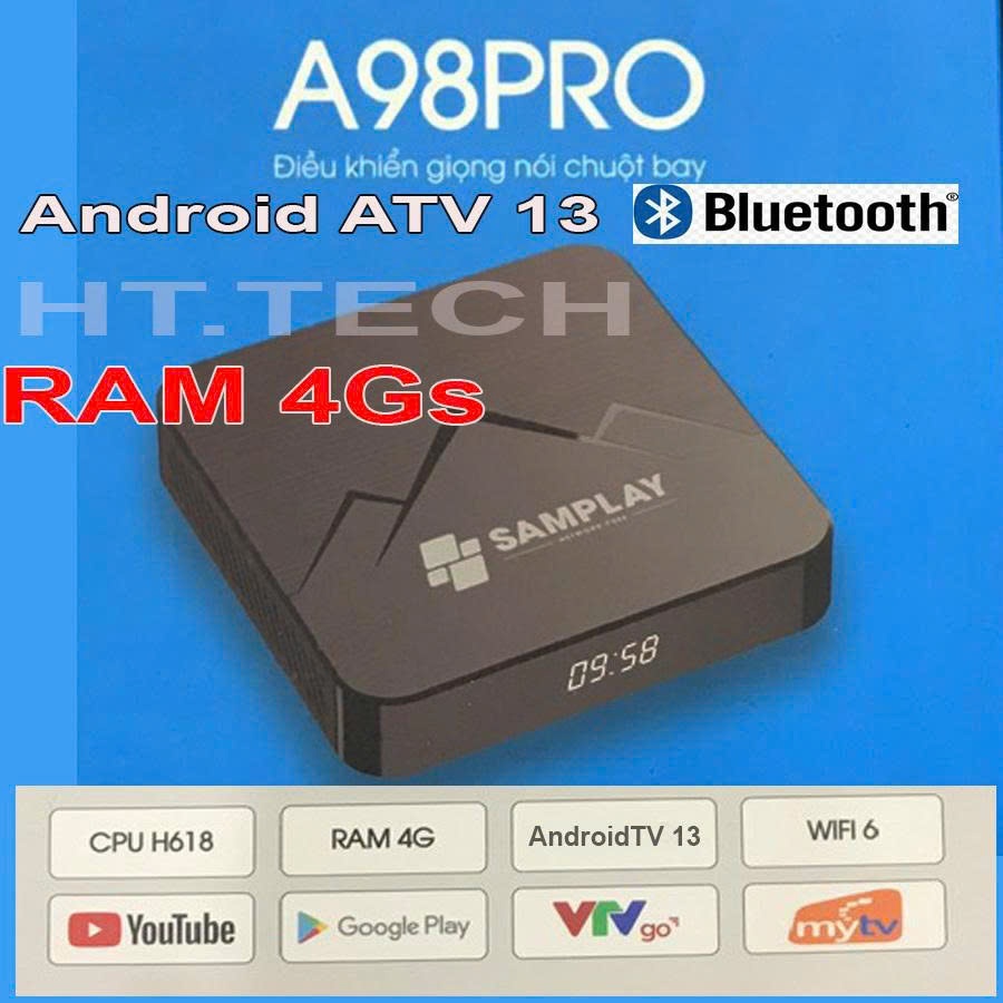Android Tivi box Samplay A98Pro Ram 4G ATV13, điều khiển chuột bay tìm kiếm giọng nói