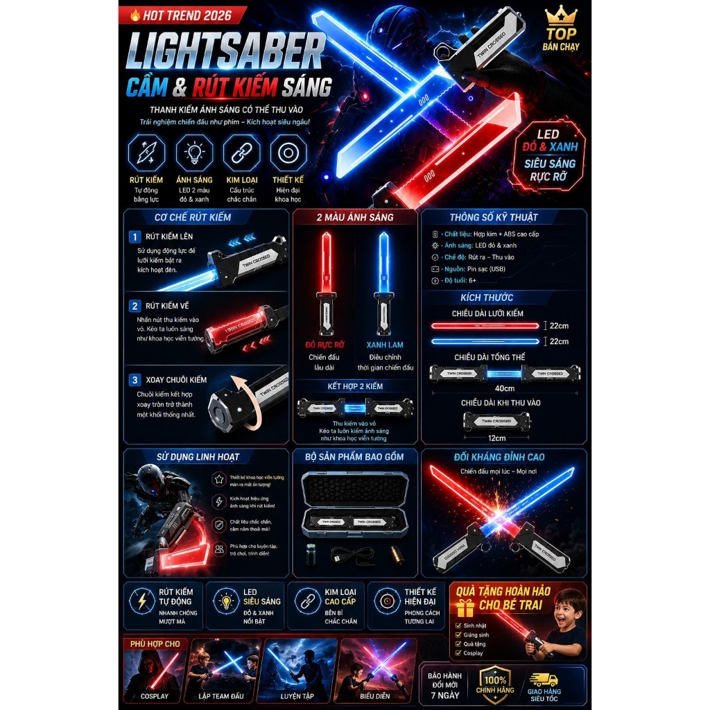 Kiếm Ánh Sáng Cosplay Twin Crossed – Lightsaber Phát Sáng Led, Thu Gọn, Kết Nối Kiếm Đôi