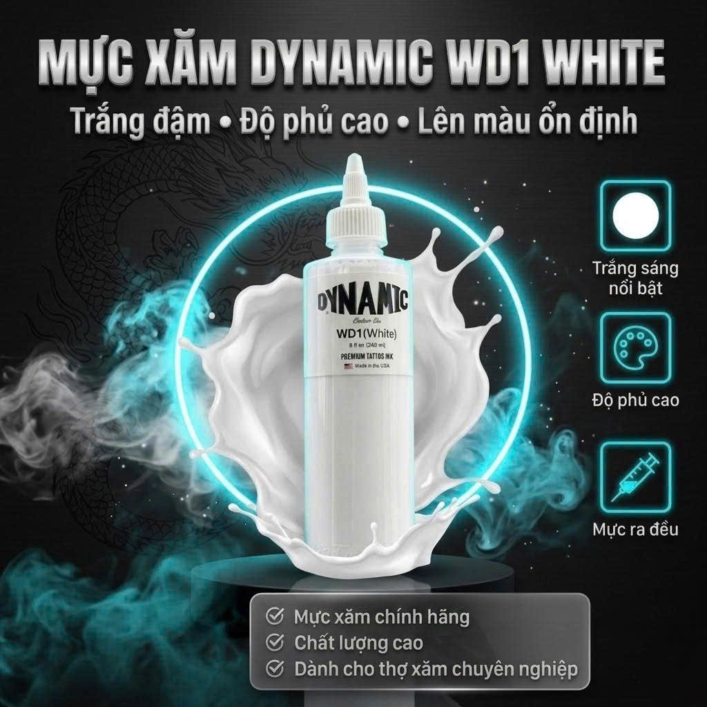 Mực xăm trắng Dynamic WD1 white chính hãng, Mực xăm tattoo WD1 Dynamic chuyên nhấn trắng chuyển tông