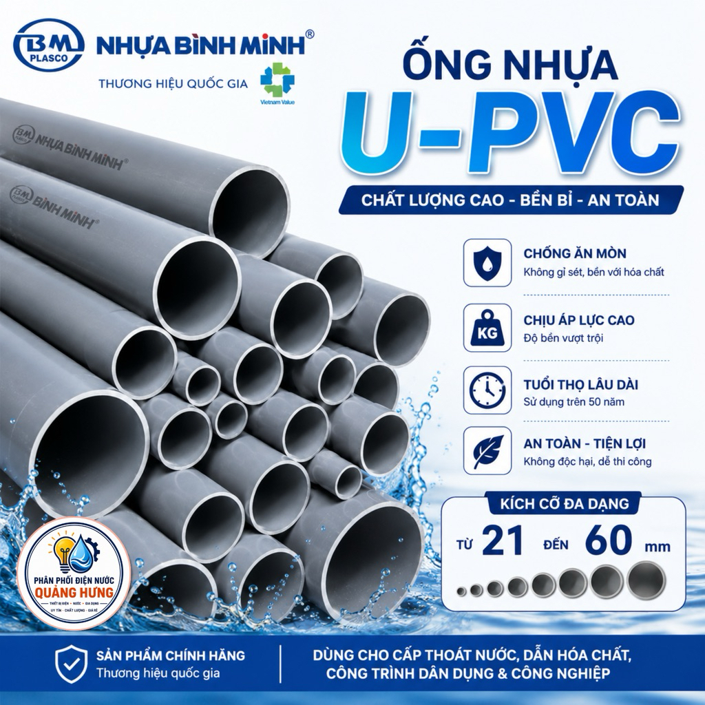 Ống Nhựa uPVC Bình Minh Phi 21–60 Cắt Sẵn 20cm 30cm 40cm 50cm 60cm Chính Hãng Ống Nước Ống Dẫn Nước