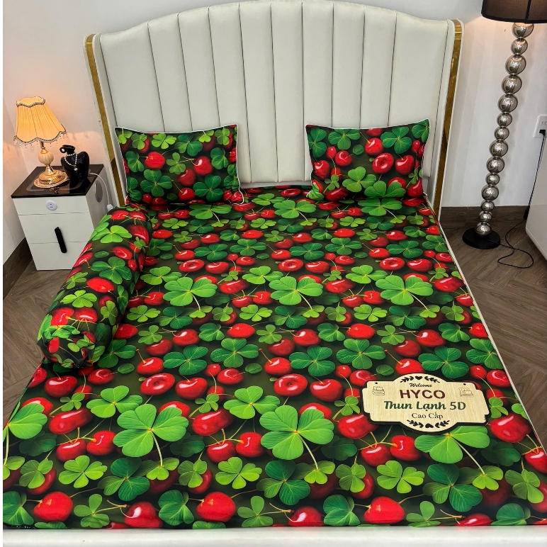 Mẫu Cherry - Bộ ga gối thun lạnh Hyco 5D - áo ôm khóa kéo