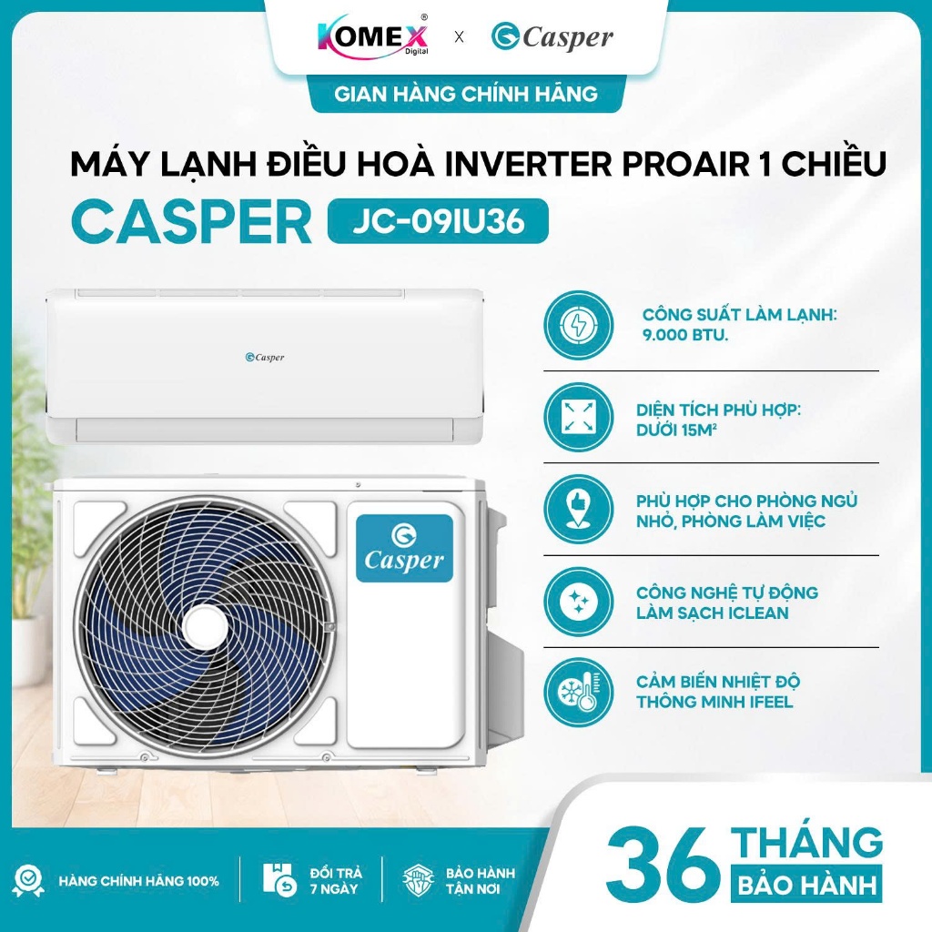 Máy lạnh điều hoà Casper Inverter ProAir 1 chiều JC-09IU36 (1HP), JC-12IU36 (1.5HP), JC-18IU36 (2HP)