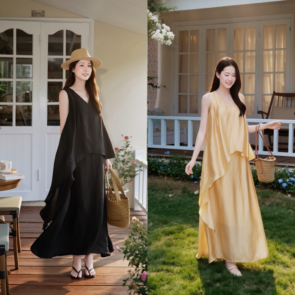 PETBYCHANG - Silk Layer Dress, Váy Nữ Cổ V Sát Nách Phối Layer Bất Đối Xứng, Dáng Dài Suông Rộng, Ch