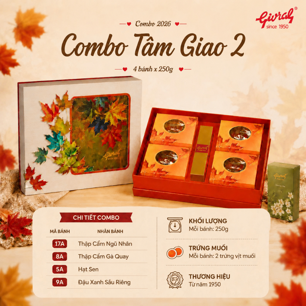 Givral_Bánh Trung Thu Cao Cấp_Combo Tâm Giao 2 (17A-8A-5A-9A) 4 Bánh 250gr 2 Trứng