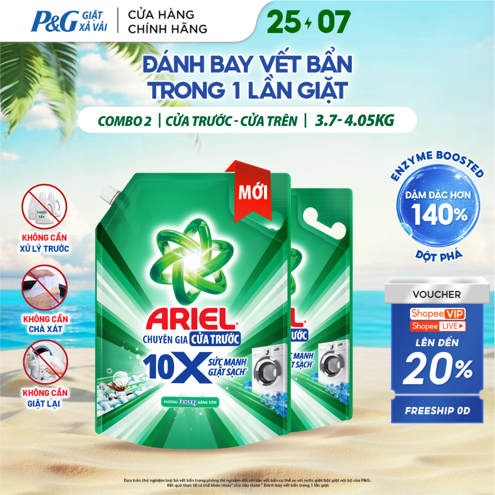 Combo 2 Nước Giặt Gel ARIEL 10X Sức Mạnh Giặt Sạch Chuyên Gia Hương Downy Nắng Sớm Cửa Trước Túi 3.7