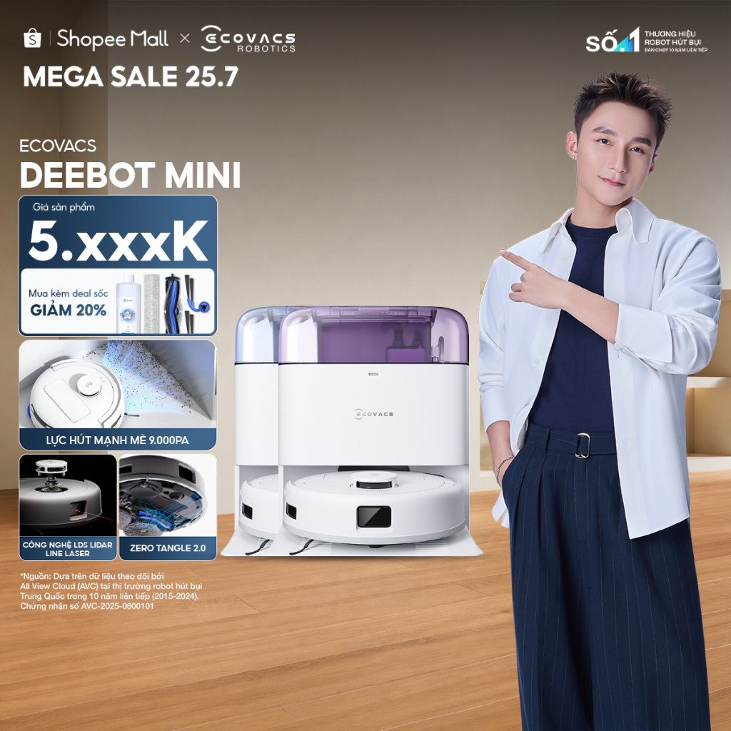 Robot hút bụi thông minh Ecovacs Deebot Mini - Lực hút 9000Pa - Dung lượng pin 3200mAh - Hoạt động 1