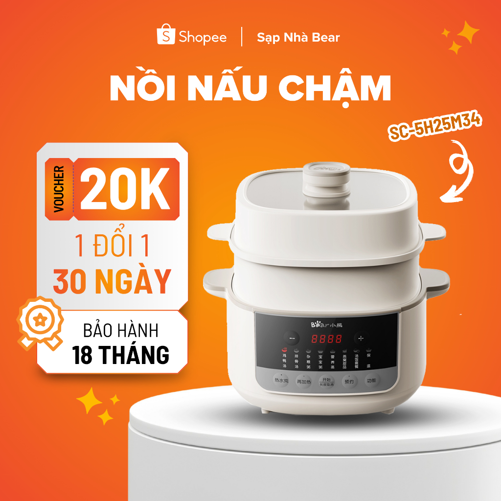 Nồi Nấu Chậm Chưng Yến Bear SC-5H25M34 2.5L 5 Thố Sứ, Đa Năng Bảo Hành Chính Hãng 18 Tháng