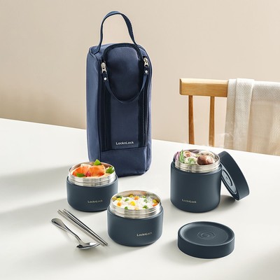 [ShopeeVip T9] Bộ 3 hộp cơm giữ nhiệt LocknLock Lunch Box LHC8052S01, 1.1L kèm túi, muỗng đũa, Hàng Chính Hãng - JoyMall